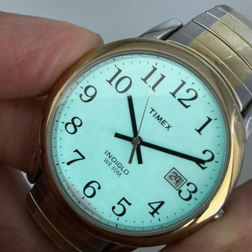 Timex Indiglo WR 30M Mens Watch 35mm White Dial Two Tone Bracelet New Battery